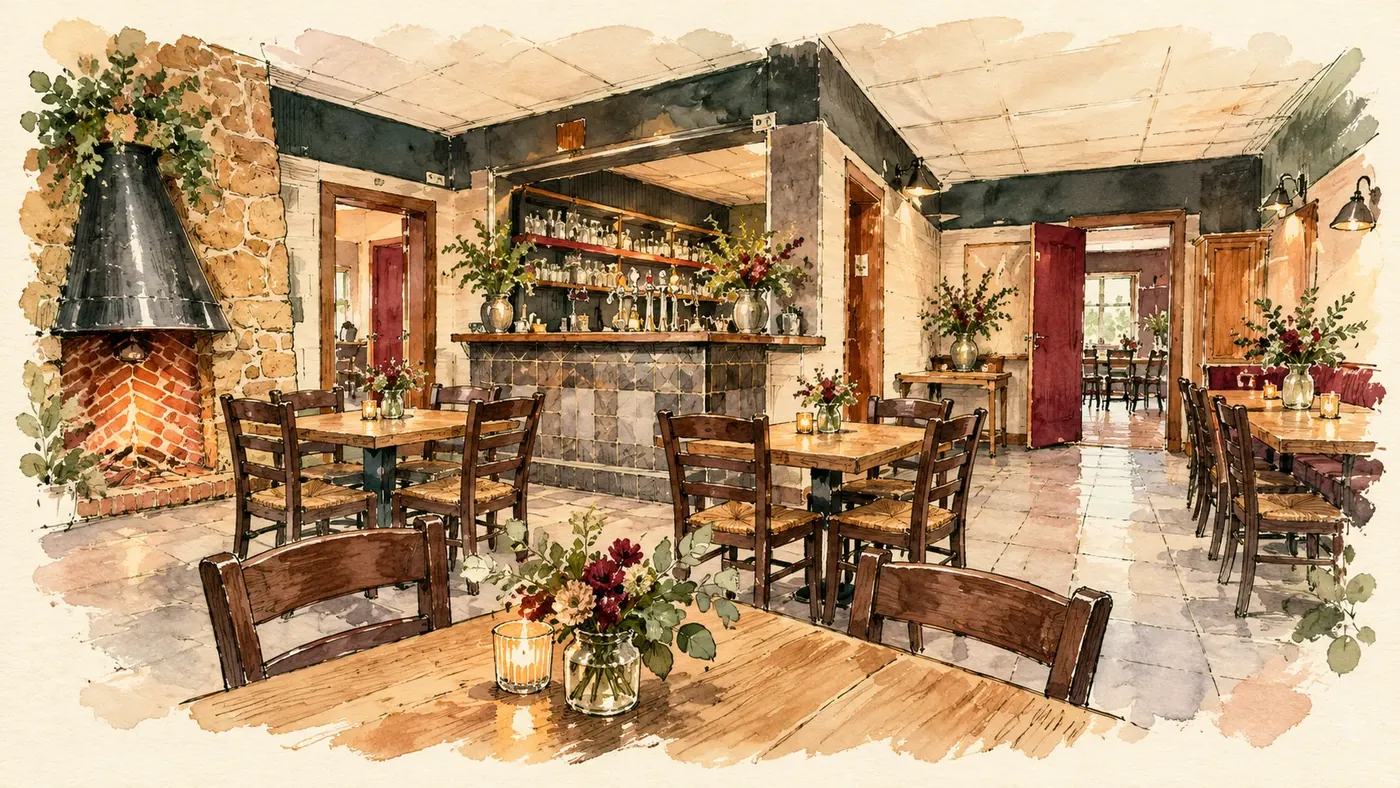 Illustration à l’aquarelle du café : comptoir carrelé, feu ouvert en pierre, tables en bois et bouquets