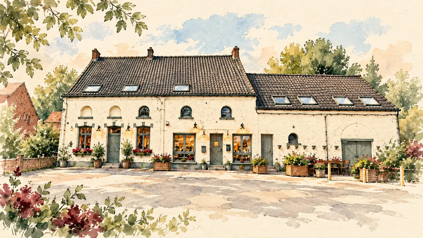 Illustration à l’aquarelle de la façade du Cercle, longue maison blanche aux volets verts et bacs fleuris