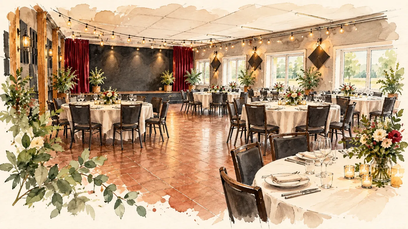 Illustration à l’aquarelle de la salle du Cercle dressée pour une fête : tables rondes, guirlandes lumineuses, scène aux rideaux rouges