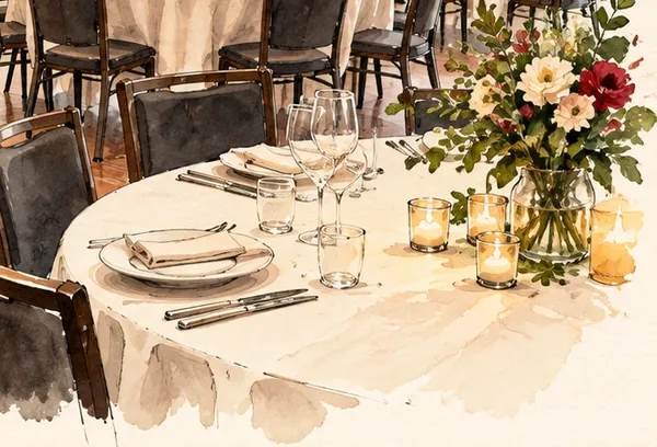 Détail d’une table dressée : bougies, verres et bouquet de fleurs